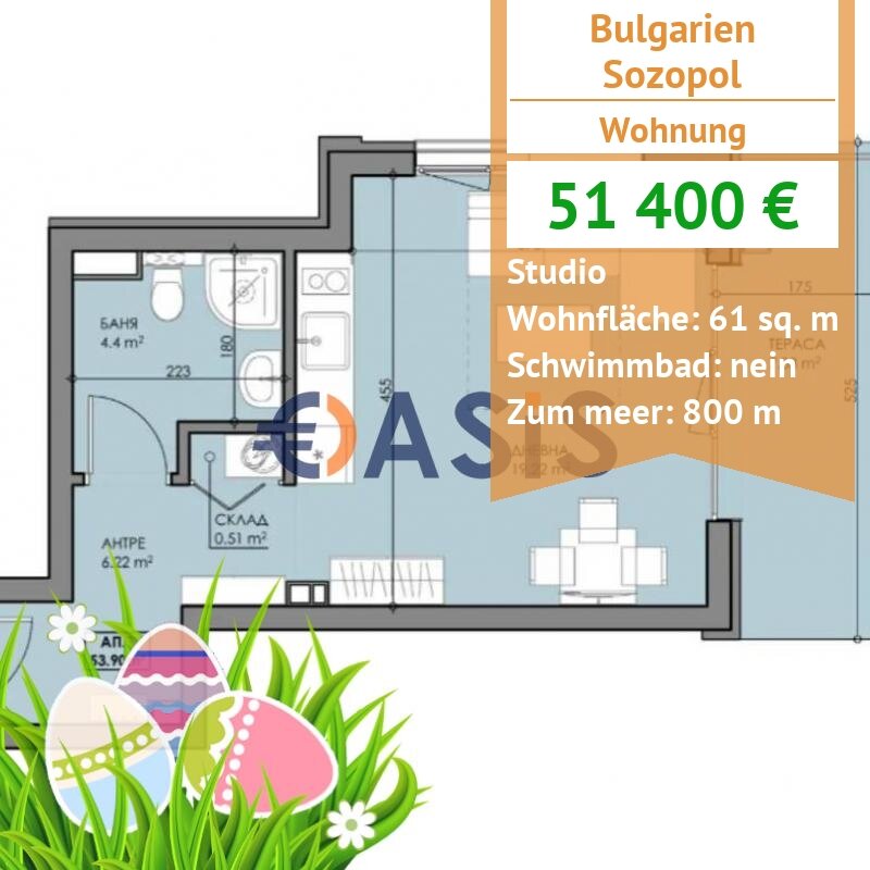 Apartment zum Kauf provisionsfrei 51.400 € 1 Zimmer 61 m²<br/>Wohnfläche 1.<br/>Geschoss ulitsa "Odesa" 13 Sozopol 8130