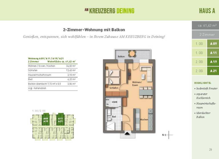 Wohnung zum Kauf 265.685 € 2 Zimmer 61,4 m²<br/>Wohnfläche 1.<br/>Geschoss Deining Deining 92364