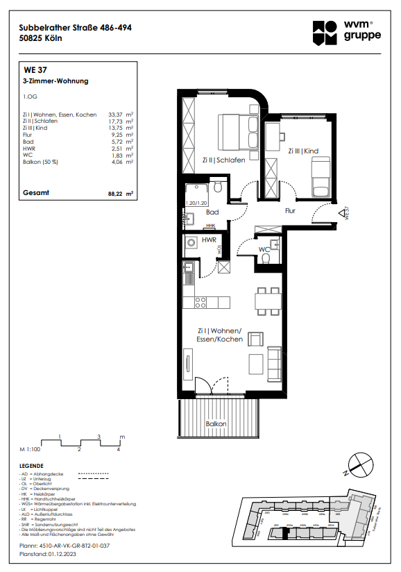 Wohnung zum Kauf provisionsfrei 563.255 € 3 Zimmer 88,2 m²<br/>Wohnfläche 1.<br/>Geschoss Subbelrather Str. 492a Ehrenfeld Köln 50825