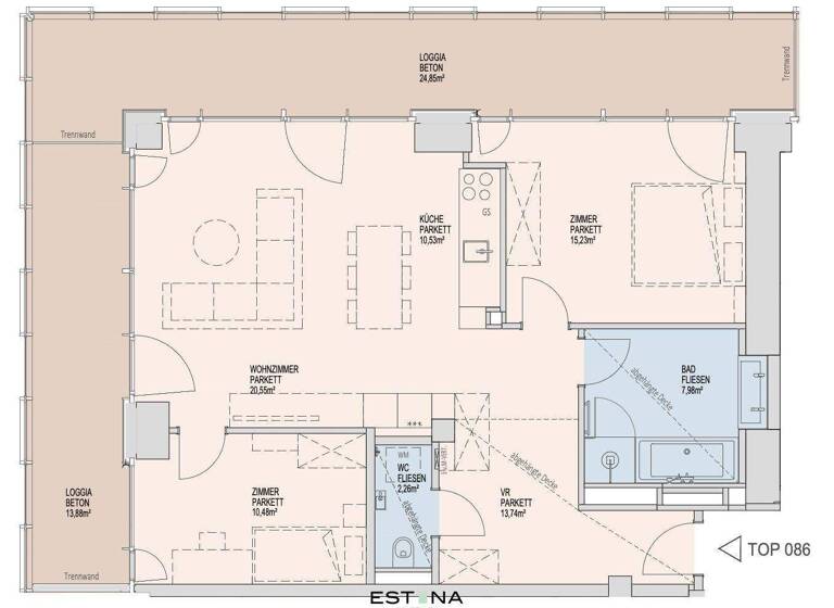 Wohnung zur Miete - Erstbezug 1.932 € 3 Zimmer 80,8 m² 34. Geschoss Donau-City-Straße Wien 1220