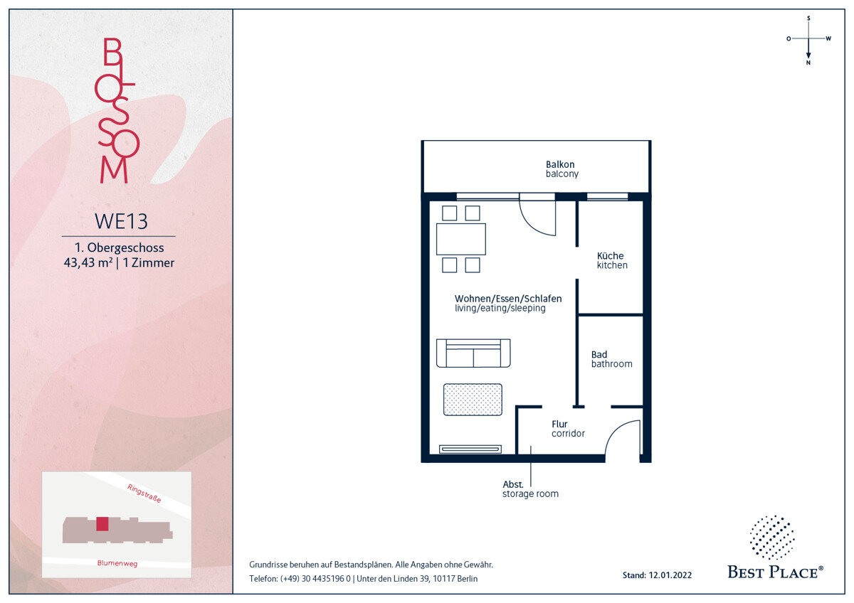 Wohnung zum Kauf provisionsfrei 135.000 € 1 Zimmer 43,4 m²<br/>Wohnfläche 1.<br/>Geschoss Blumenweg 2 Mariendorf Berlin 12105