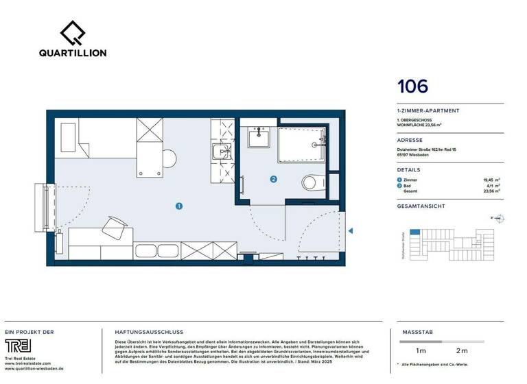 Studio zur Miete - Erstbezug 545 € 1 Zimmer 23,6 m² 1. Geschoss frei ab sofort Im Rad 15 Wiesbaden 65197