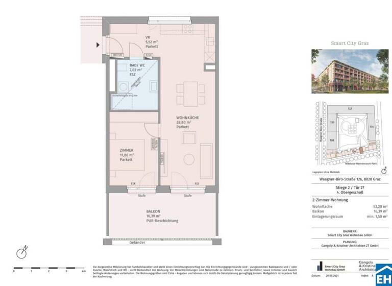Wohnung zur Miete 610 € 2 Zimmer 53,2 m² 4. Geschoss Waagner-Biro-Straße Lend Graz 8020