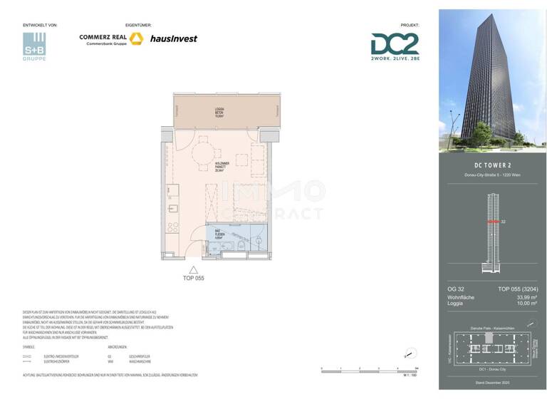 Studio zur Miete - Erstbezug 881 € 1 Zimmer 34 m² 32. Geschoss frei ab 01.11.2026 Wien 1220