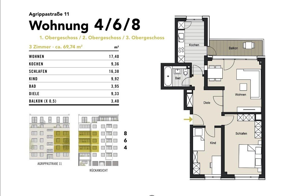 Wohnung zum Kauf provisionsfrei 479.000 € 3 Zimmer 70 m²<br/>Wohnfläche 2.<br/>Geschoss ab sofort<br/>Verfügbarkeit Altstadt - Süd Köln 50676