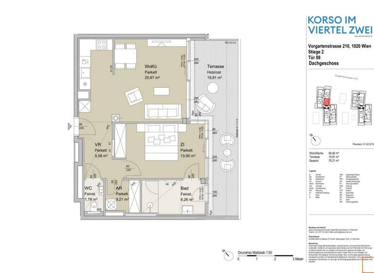 Wohnung zur Miete 1.324 € 2 Zimmer 56,4 m² 10. Geschoss Wien,Leopoldstadt 1020