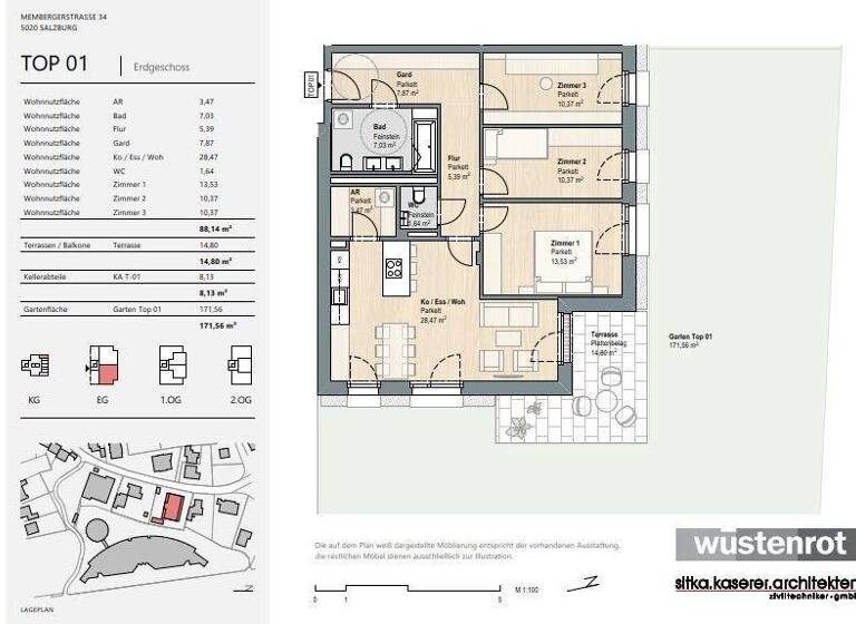 Wohnung zur Miete - Erstbezug 1.831 € 4 Zimmer 88,1 m² EG Morzg Salzburg 5020