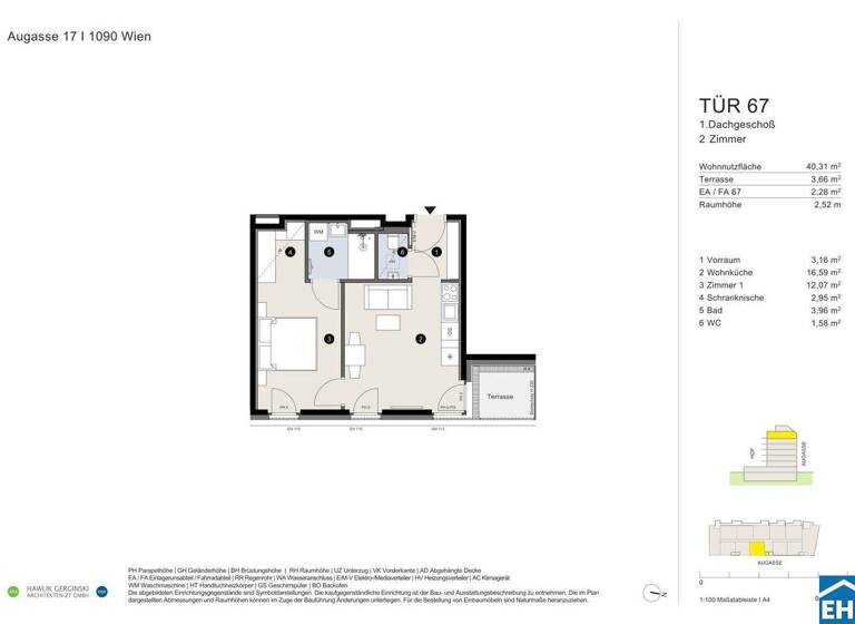 Wohnung zum Kauf - Erstbezug 439.000 € 2 Zimmer 40,3 m² 7. Geschoss Augasse Wien 1090