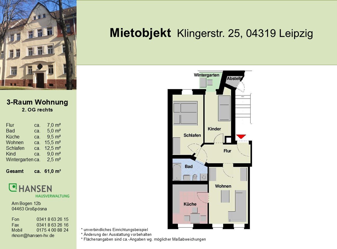 Wohnung zur Miete 425 € 3 Zimmer 61 m²<br/>Wohnfläche 2.<br/>Geschoss ab sofort<br/>Verfügbarkeit Klingerstr. 25 Engelsdorf Leipzig 04319