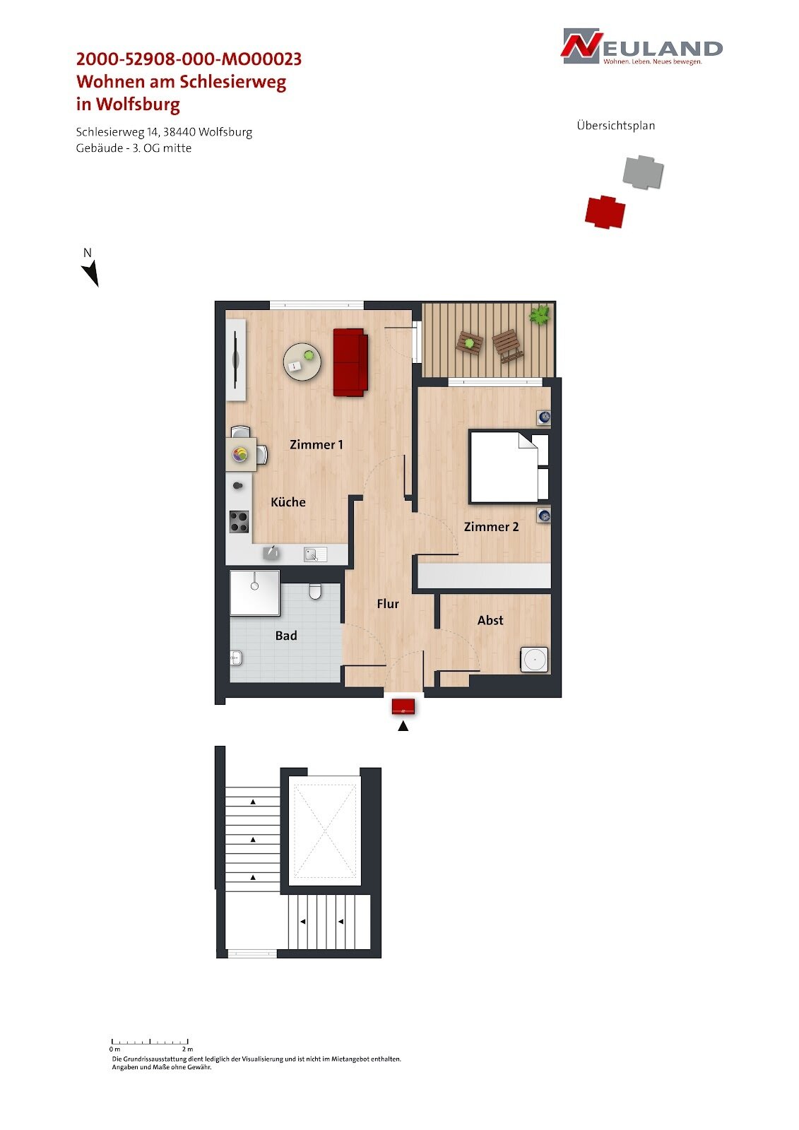 Wohnung zur Miete nur mit Wohnberechtigungsschein 353 € 2 Zimmer 57,9 m²<br/>Wohnfläche 3.<br/>Geschoss 01.04.2025<br/>Verfügbarkeit Schlesierweg 14 Laagberg Wolfsburg 38440