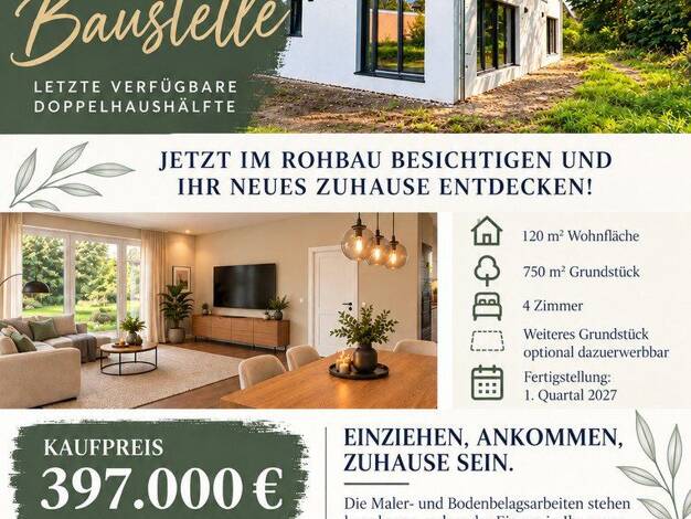Doppelhaushälfte zum Kauf - Erstbezug provisionsfrei 397.000 € 4 Zimmer 120 m² 750 m² Grundstück Dwoberg/Ströhen Delmenhorst 27753