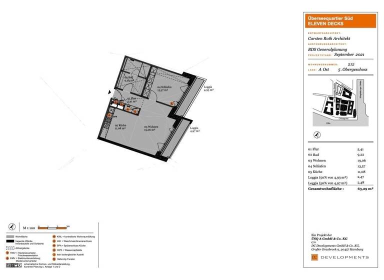 Wohnung zur Miete - Erstbezug 1.994 € 2 Zimmer 63,3 m² 5. Geschoss Überseeboulevard 14 HafenCity Hamburg 20457