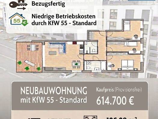 Wohnung zum Kauf - Erstbezug provisionsfrei 614.700 € 4 Zimmer 106,1 m² Geschoss 2/4 frei ab sofort Flößaustraße 100 Südstadt Fürth 90763