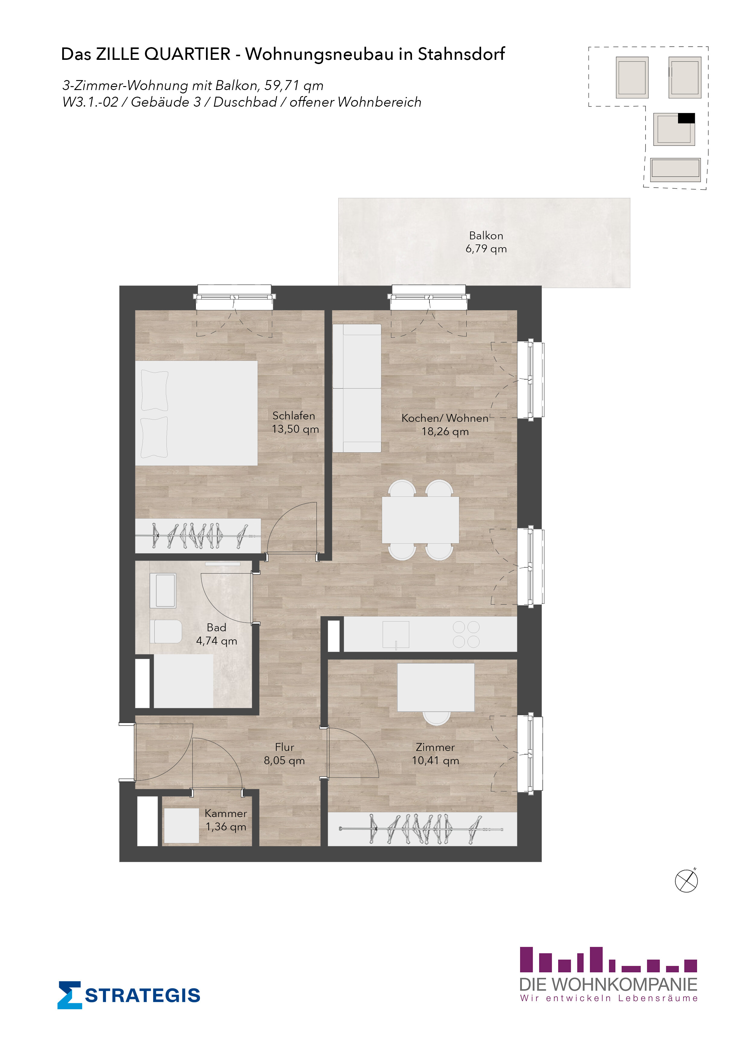 Wohnung zur Miete 1.399 € 3 Zimmer 59,7 m²<br/>Wohnfläche 1.<br/>Geschoss Potsdamer Allee 113a Stahnsdorf Stahnsdorf 14532