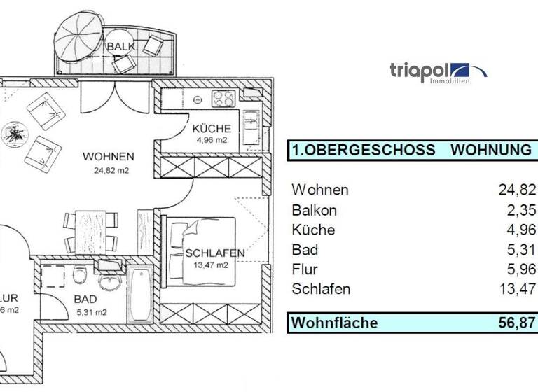 Wohnung zur Miete 510 € 2 Zimmer 56,9 m² Geschoss 1/3 frei ab 01.05.2026 Romerstraße 13 Coswig 01640