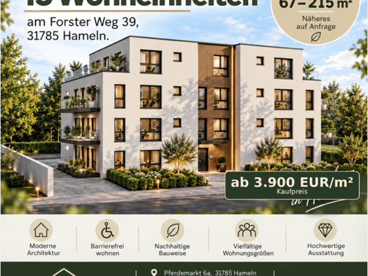 Wohnung zum Kauf - Erstbezug 355.960 € 3 Zimmer 80,9 m² frei ab 31.10.2028 Forster Weg 39 Innenstadt Hameln 31785
