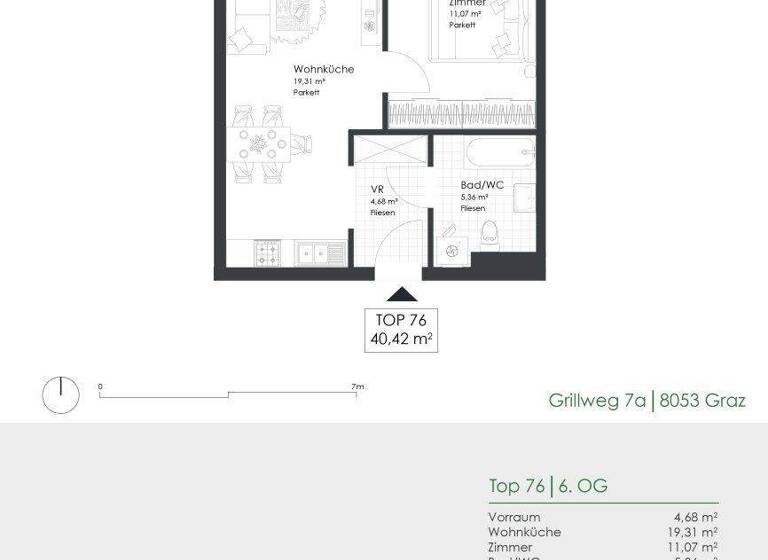 Wohnung zur Miete 479 € 2 Zimmer 40,4 m² 6. Geschoss frei ab 01.05.2026 Grillweg 7a Straßgang Graz 8053