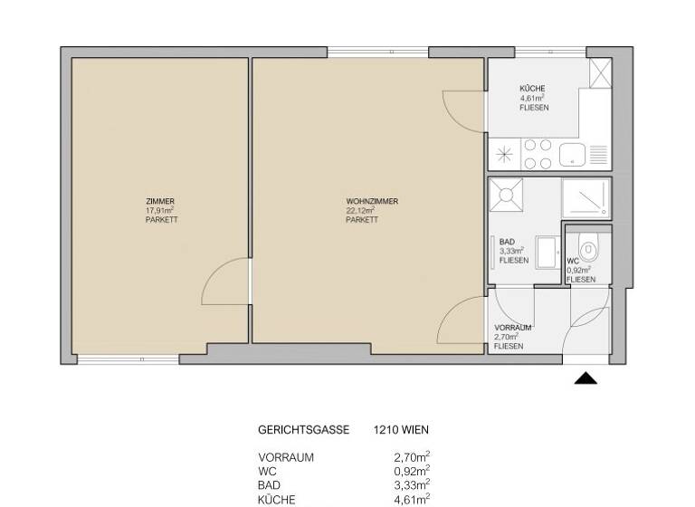Wohnung zur Miete 687 € 2 Zimmer 50,7 m² 2. Geschoss frei ab 01.06.2026 Gerichtsgasse Wien 1210
