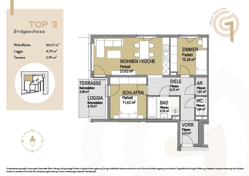 Wohnung zum Kauf 289.000 € 3 Zimmer 64,1 m²<br/>Wohnfläche EG<br/>Geschoss Gartenstraße 1 Perg 4320