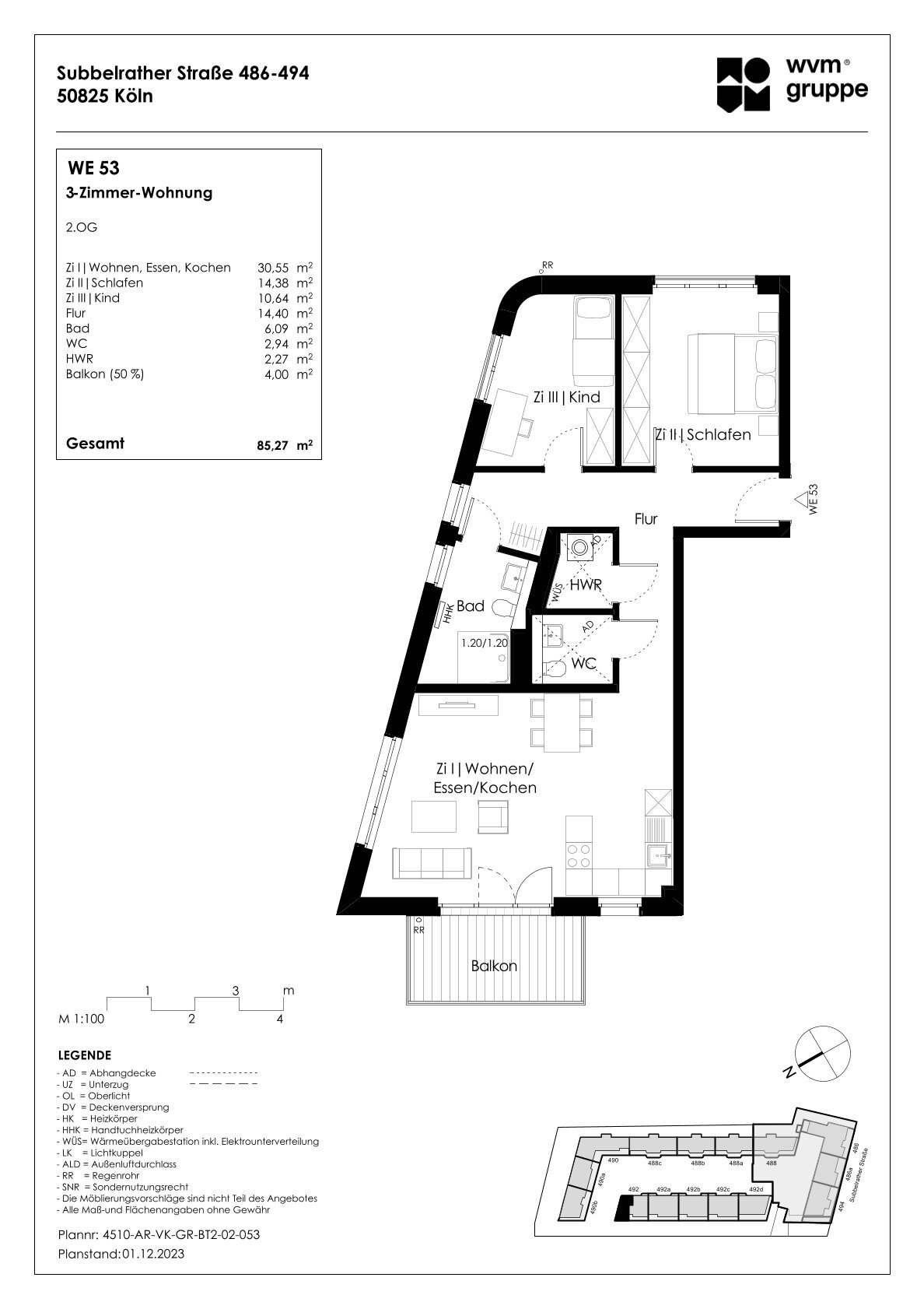 Wohnung zum Kauf provisionsfrei 555.655 € 3 Zimmer 85,3 m²<br/>Wohnfläche 2.<br/>Geschoss Subbelrather Str. 492 Ehrenfeld Köln 50825