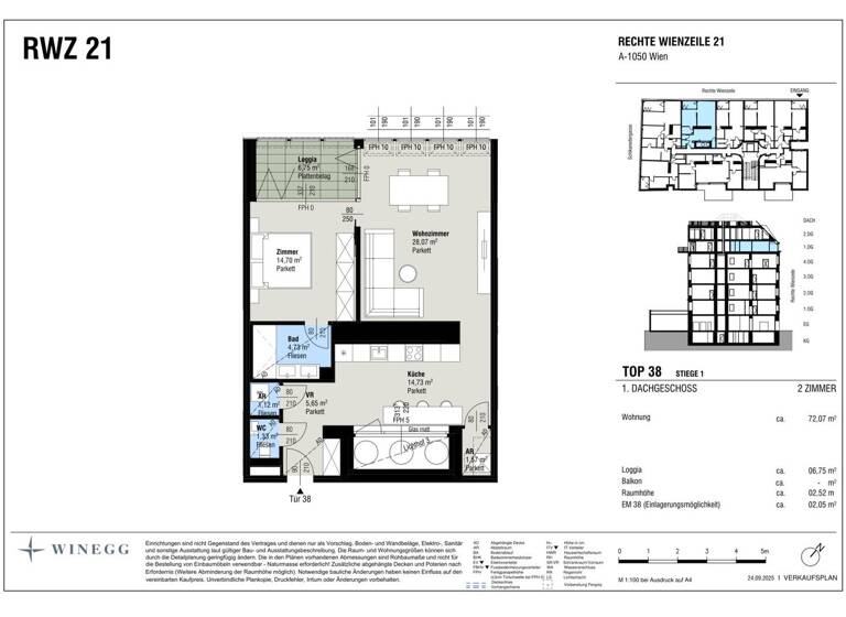 Wohnung zum Kauf - Erstbezug 1.190.000 € 2 Zimmer 72,1 m² 4. Geschoss Rechte Wienzeile 21 Wien 1040