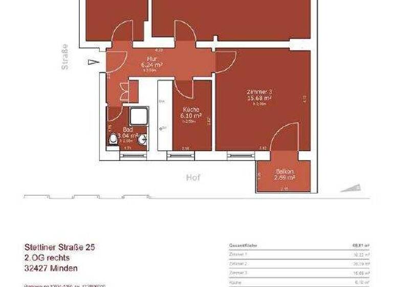 Wohnung zur Miete 725 € 3 Zimmer 67,9 m² frei ab sofort Stettiner Str. 25 Innenstadt Minden 32427