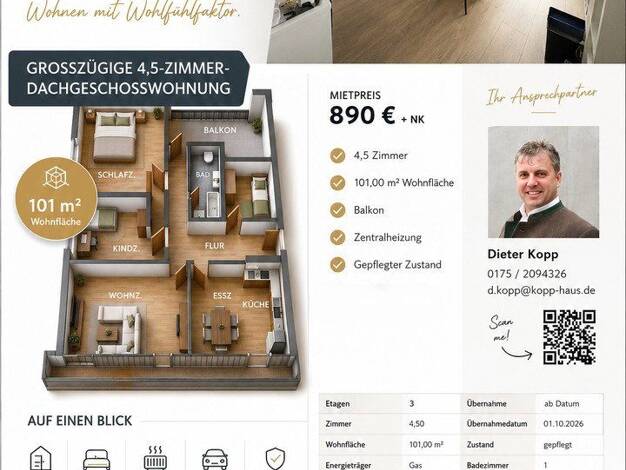 Wohnung zur Miete 890 € 4,5 Zimmer 101 m² 2. Geschoss frei ab 01.10.2026 Holzhausen Sulz am Neckar 72172