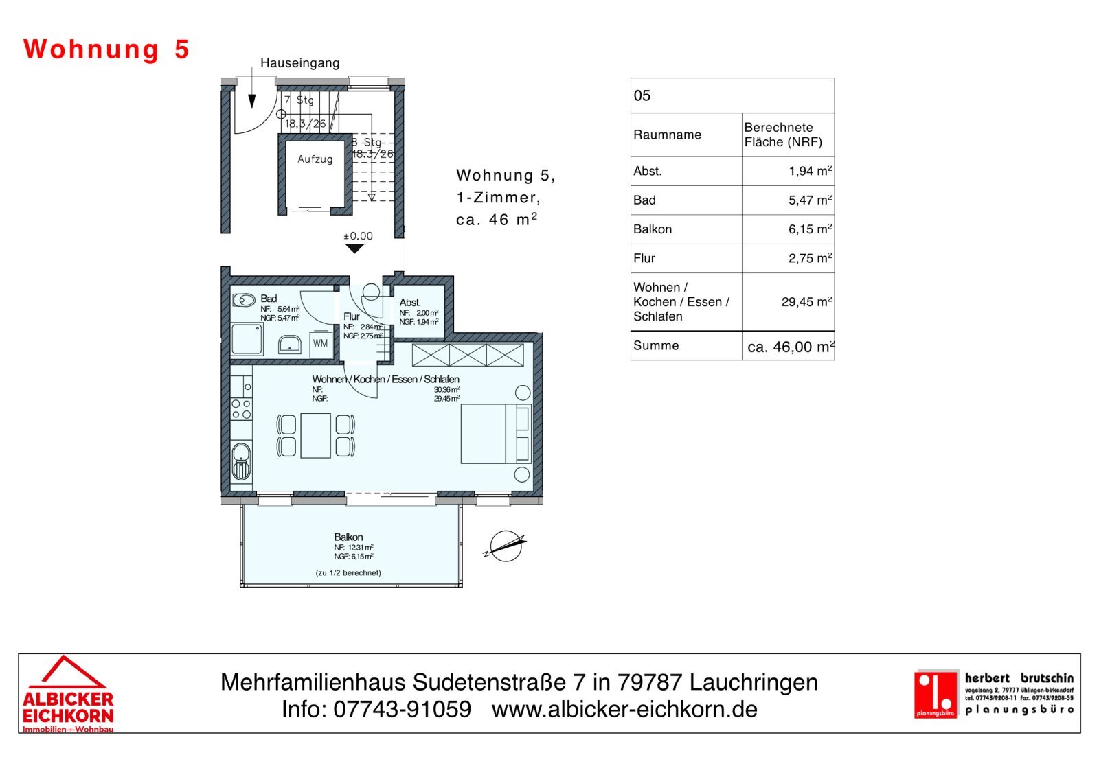 Wohnung zum Kauf provisionsfrei 206.800 € 1 Zimmer 46 m²<br/>Wohnfläche 1.<br/>Geschoss Sudetenstraße 7 Unterlauchringen Unterlauchringen 79787