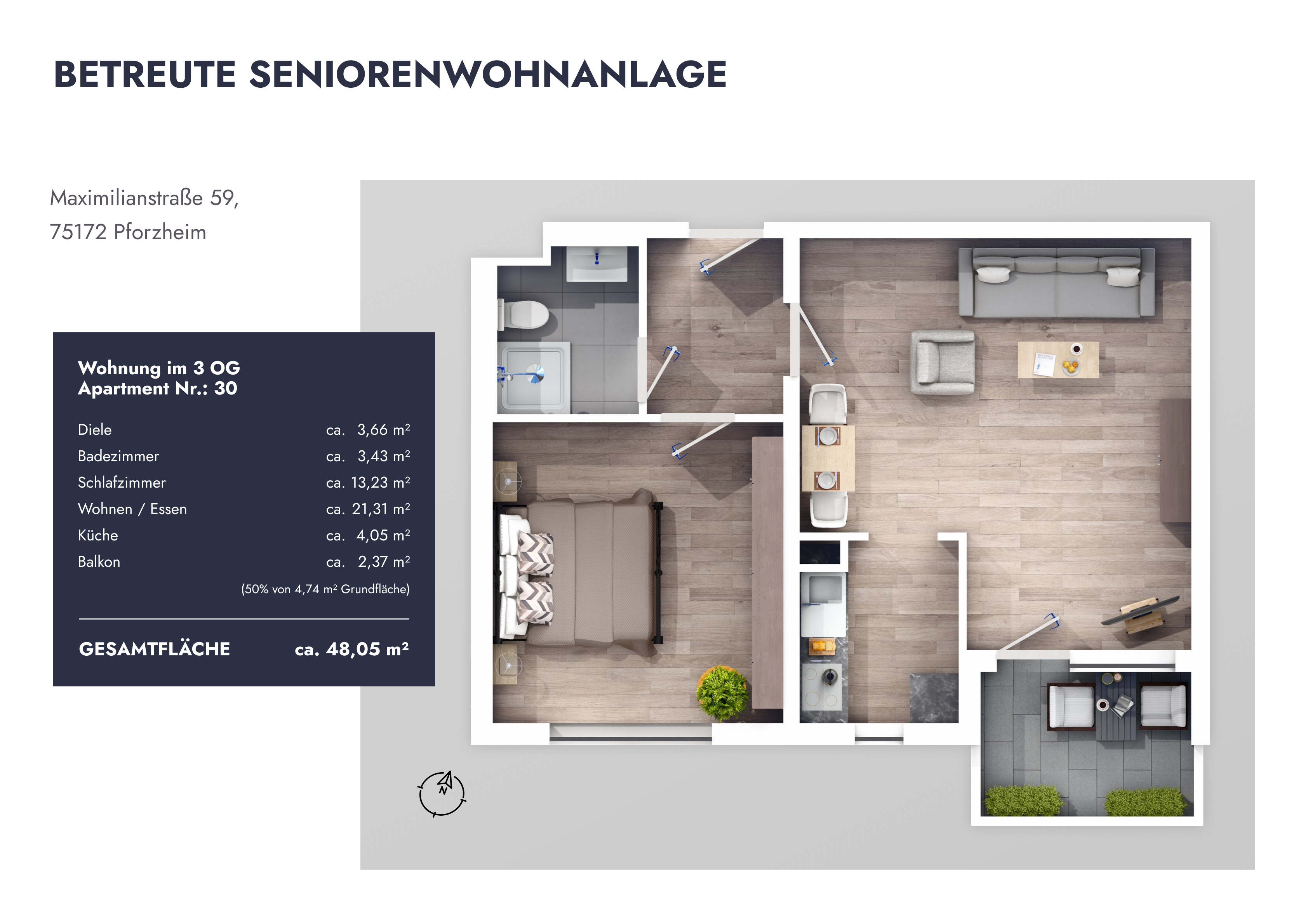 Wohnung zur Miete 550 € 2 Zimmer 48,1 m²<br/>Wohnfläche 3.<br/>Geschoss Weststadt - Stadtviertel 031 Pforzheim 75172