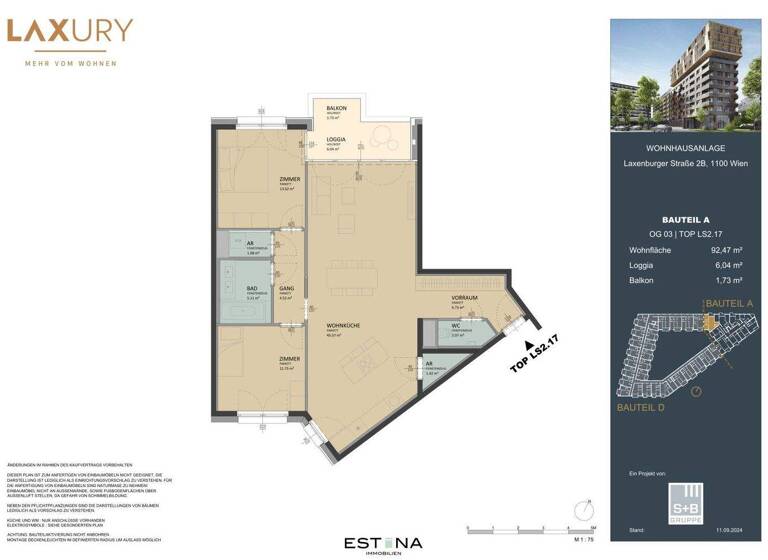 Wohnung zum Kauf - Erstbezug 650.000 € 3 Zimmer 92,2 m² 3. Geschoss Laxenburger Straße Wien 1100