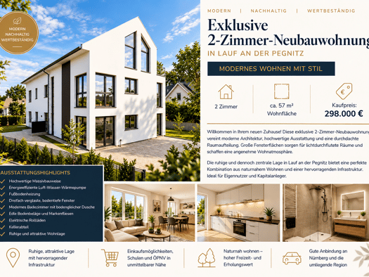 Wohnung zum Kauf - Erstbezug 299.000 € 2 Zimmer 57 m² Geschoss 1/2 frei ab sofort Kuhnhof Lauf an der Pegnitz 91207
