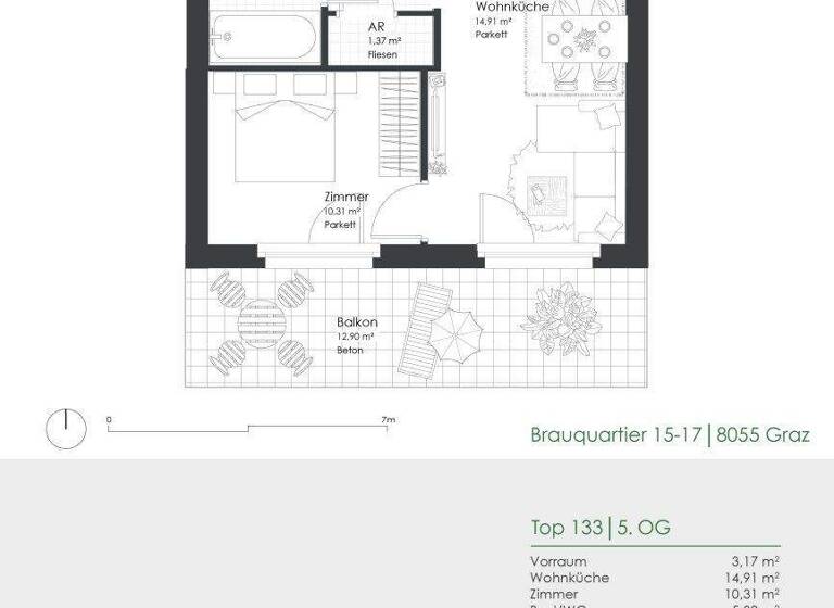 Wohnung zur Miete 430 € 2 Zimmer 35,1 m² 5. Geschoss Brauquartier 15-17 Puntigam Graz 8055