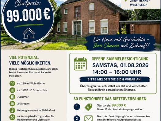 Einfamilienhaus zum Kauf 99.000 € 7 Zimmer 189 m² 1.807 m² Grundstück frei ab sofort Weserdeich Berne 27804
