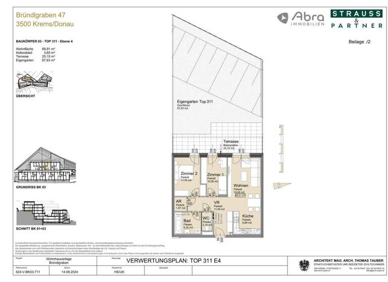 Wohnung zur Miete - Erstbezug 1.006 € 3 Zimmer 69,9 m² 1. Geschoss Bründlgraben 45A Krems an der Donau 3500