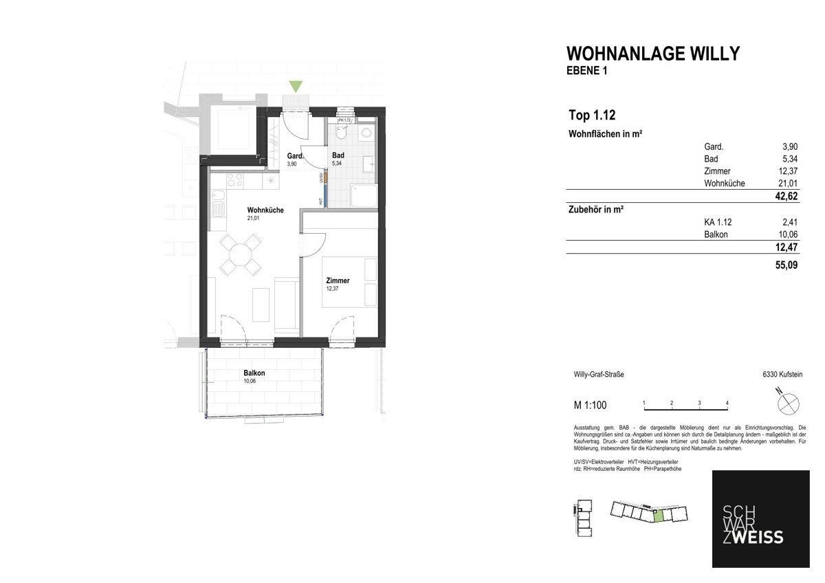 Wohnung zum Kauf 314.000 € 2 Zimmer 42,6 m²<br/>Wohnfläche 1.<br/>Geschoss Kufstein 6330