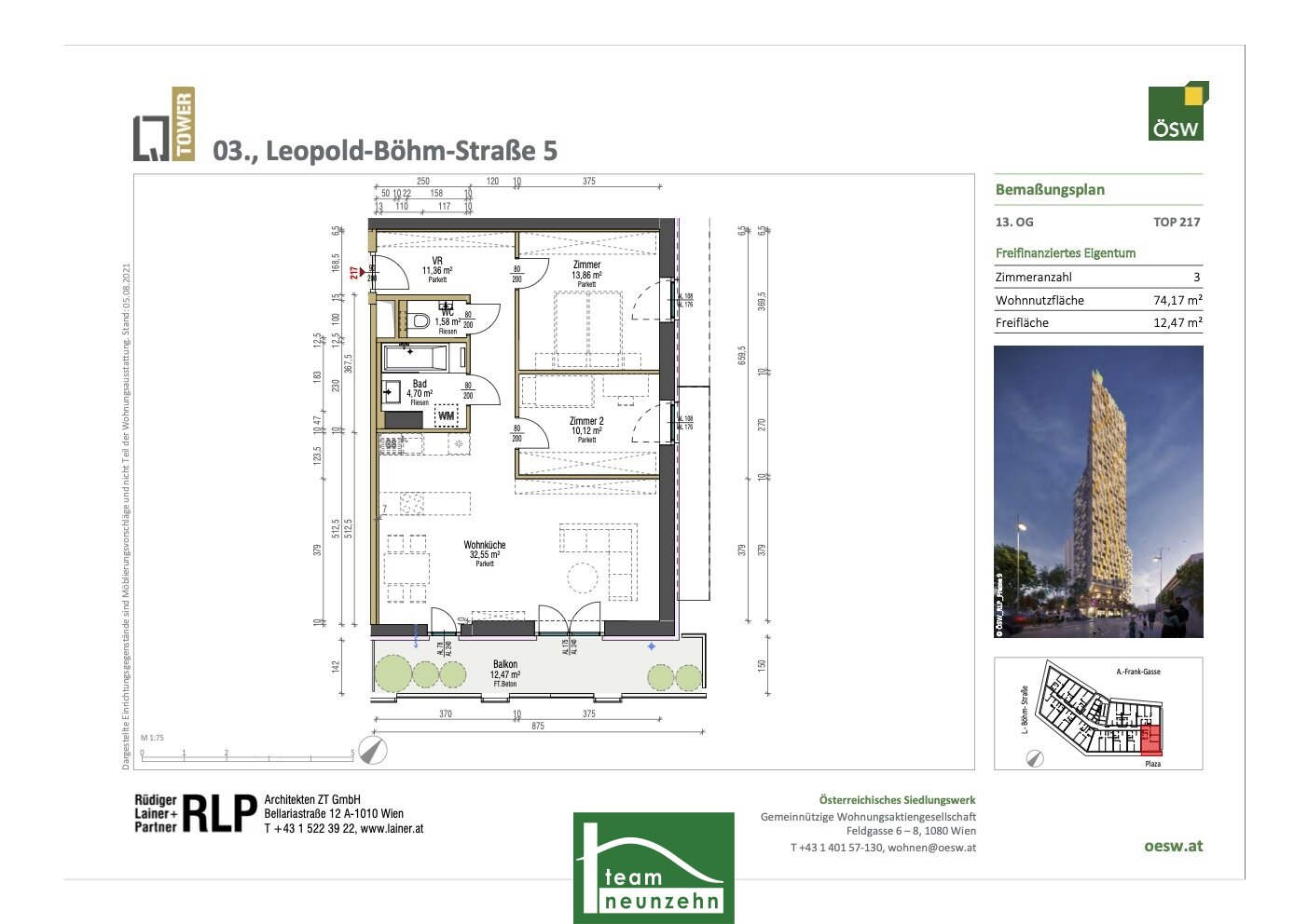 Wohnung zur Miete 1.583 € 3 Zimmer 74,2 m²<br/>Wohnfläche 13.<br/>Geschoss Leopold-Böhm-Straße 5 Wien,Landstraße 1030