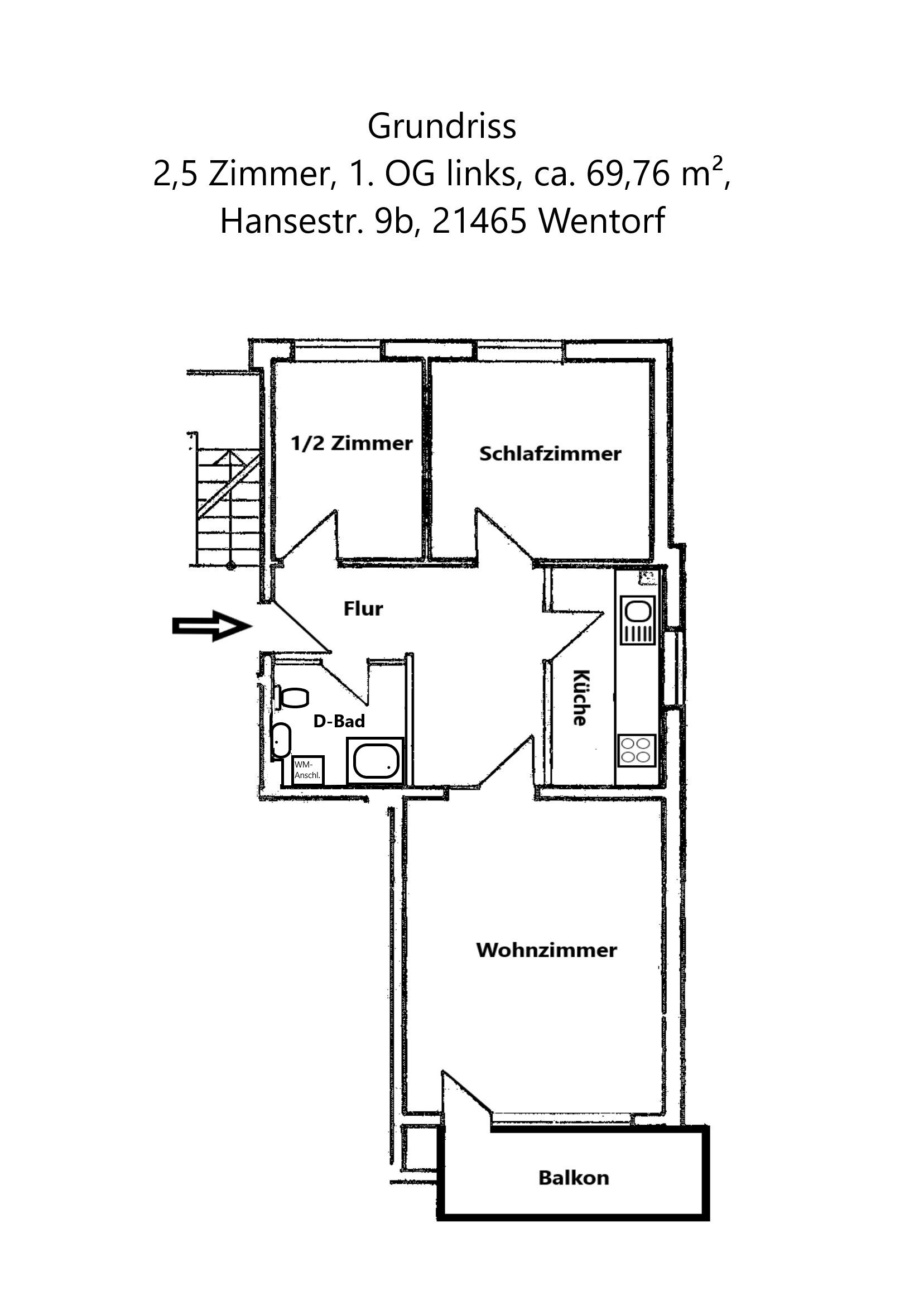 Wohnung zur Miete 860 € 2,5 Zimmer 69,8 m²<br/>Wohnfläche 1.<br/>Geschoss Hansestr. 9b Bullenhorst Wentorf 23898