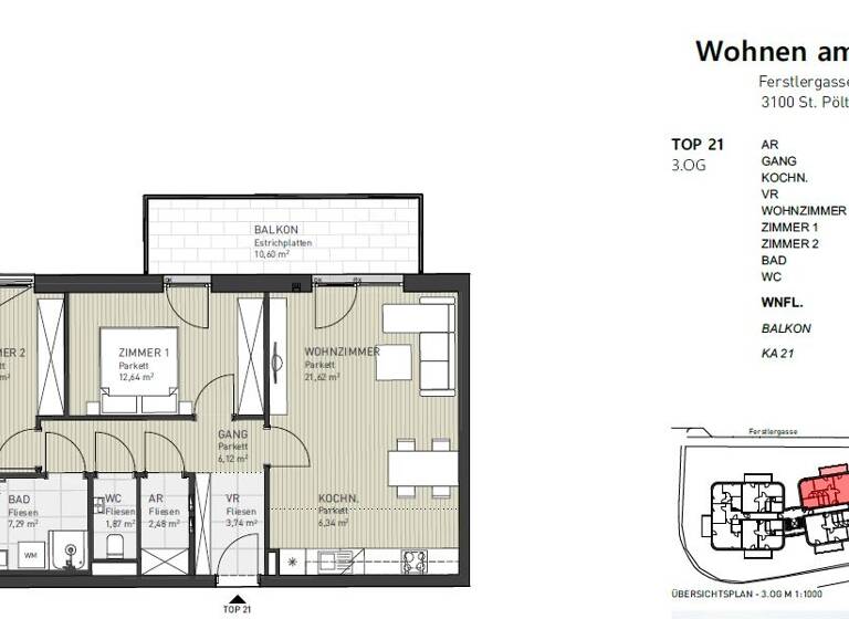 Wohnung zum Kauf 412.000 € 3 Zimmer 74 m² 3. Geschoss frei ab sofort Ferstlergasse 6 St. Pölten 3100
