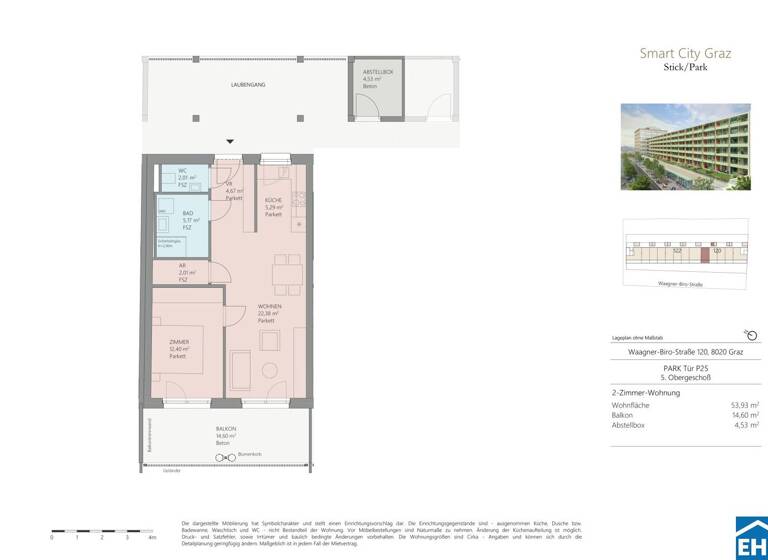 Wohnung zur Miete 588 € 2 Zimmer 53,9 m² 5. Geschoss Waagner-Biro-Straße Lend Graz 8020