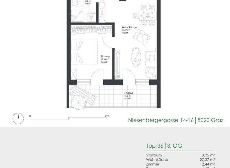 Wohnung zur Miete 540 € 2 Zimmer 49,3 m² 3. Geschoss Niesenbergergasse 14-16 Gries Graz 8020
