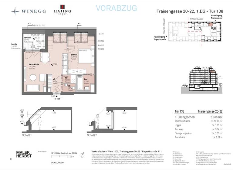 Wohnung zum Kauf - Erstbezug 384.100 € 2 Zimmer 52,3 m² 7. Geschoss Traisengasse 20-22 Wien 1200