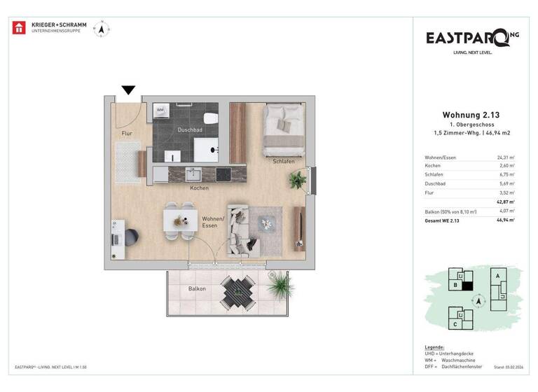 Wohnung zum Kauf - Erstbezug 400.000 € 2 Zimmer 46,9 m² 1. Geschoss Dieburger Str. 12 e Sachsenhausen Frankfurt am Main 60599