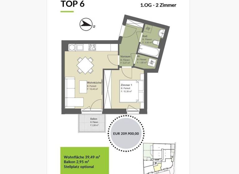 Wohnung zum Kauf provisionsfrei 209.900 € 2 Zimmer 39,5 m² 1. Geschoss Hauptstraße 89 Kritzendorf 3420