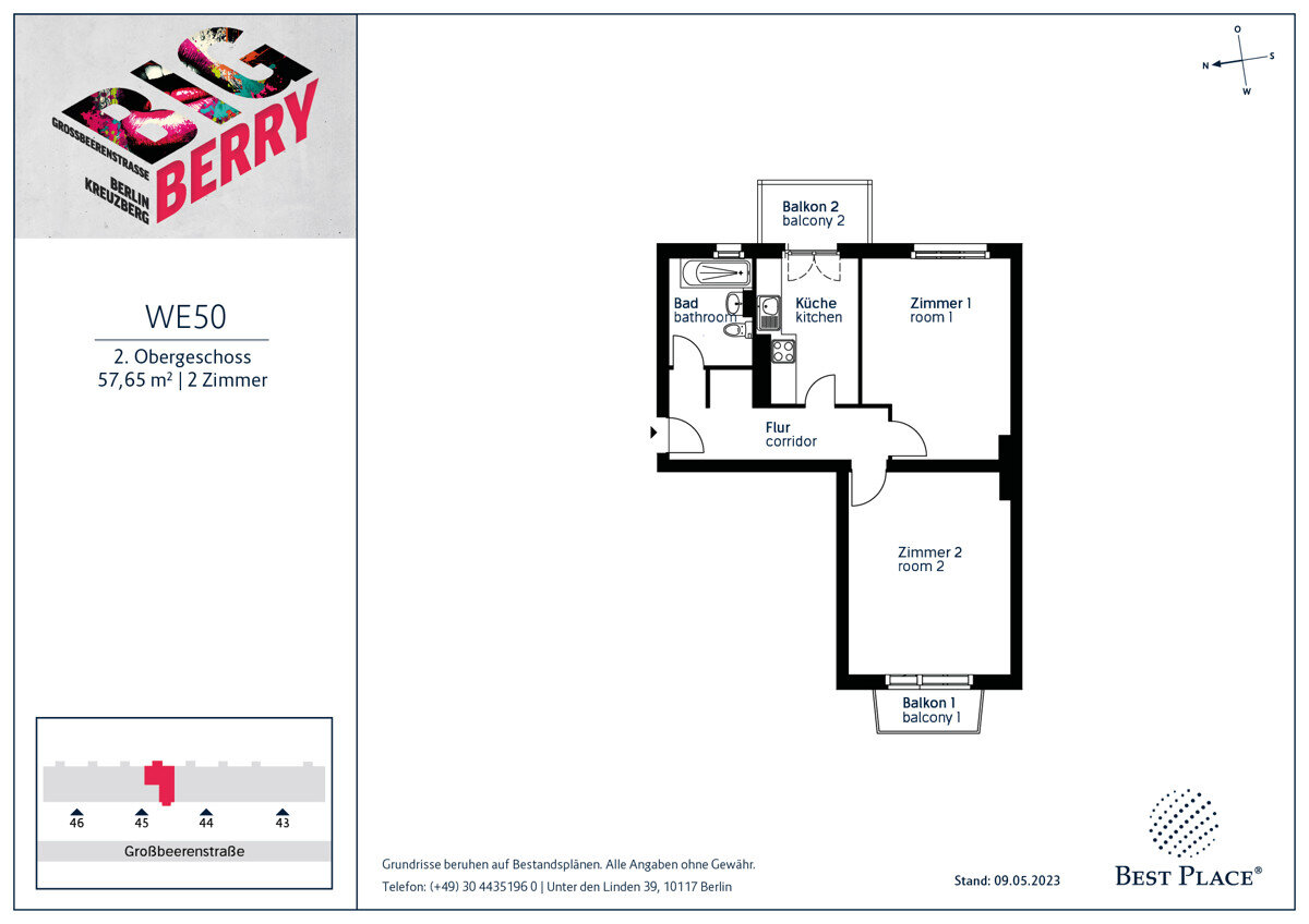 Wohnung zum Kauf provisionsfrei 248.000 € 2 Zimmer 57,7 m²<br/>Wohnfläche 2.<br/>Geschoss Großbeerenstraße 45 Kreuzberg Berlin 10965