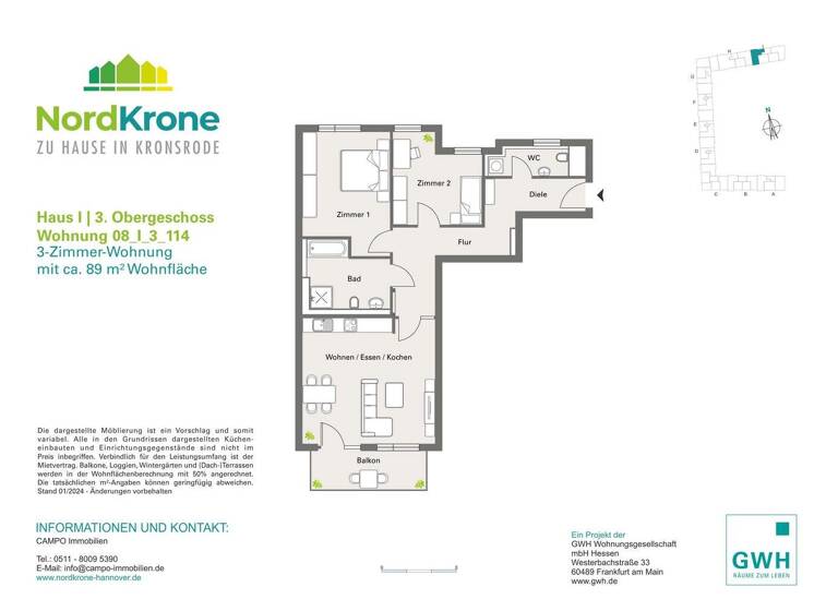 Wohnung zur Miete 1.327 € 3 Zimmer 88,7 m² 3. Geschoss frei ab sofort Bärenbleek 6B Bemerode Hannover 30539