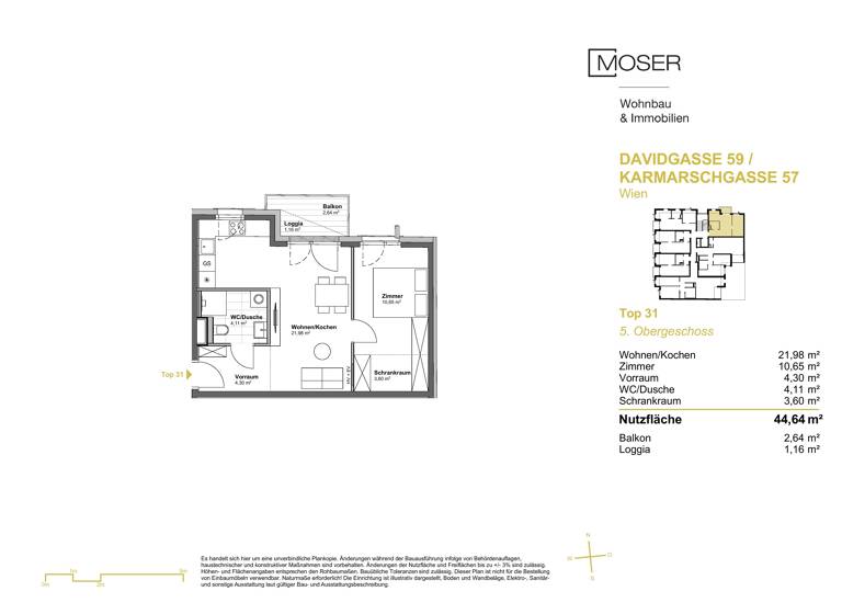 Wohnung zum Kauf - Erstbezug provisionsfrei 296.900 € 2 Zimmer 44,6 m² 5. Geschoss Davidgasse 59 Wien 1100