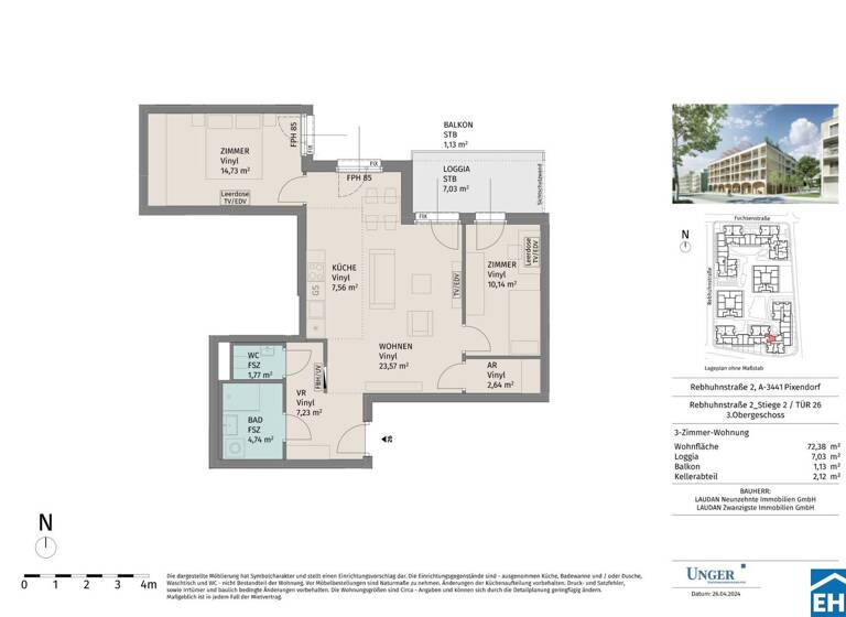 Wohnung zur Miete - Erstbezug 790 € 3 Zimmer 72,4 m² 3. Geschoss Rebhuhnstraße Pixendorf 3451