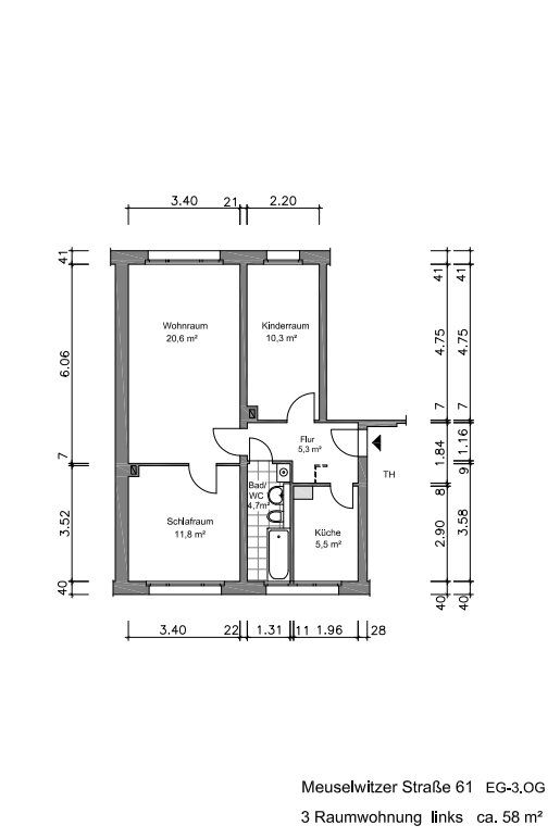 Wohnung zur Miete 310 € 3 Zimmer 57,4 m²<br/>Wohnfläche 3.<br/>Geschoss Meuselwitzer Straße 61 Pforten Gera 07546