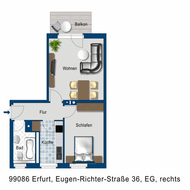 Wohnung zur Miete 415 € 2 Zimmer 51,7 m² EG Eugen-Richter-Str. 36 Johannesvorstadt Erfurt 99085