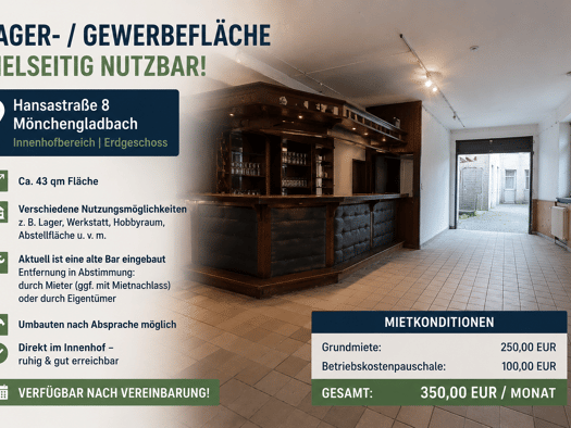 Lagerhalle zur Miete provisionsfrei 250 € 43 m² Lagerfläche Hansastraße 8 Bettrath Mönchengladbach 41066